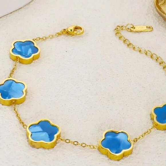 18K GOLD DIPPED FLORAL LINKS SKY BLUE ENAMEL INLAY GOLD DIP RIM CHUKY BRACELET - Picture 1 of 1